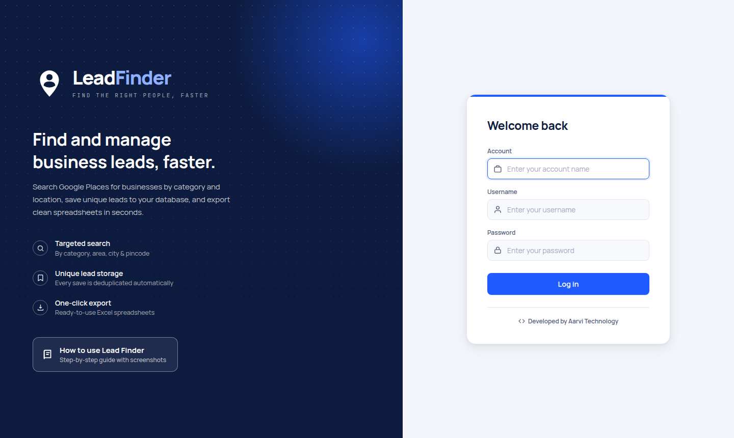 The Lead Finder log-in page