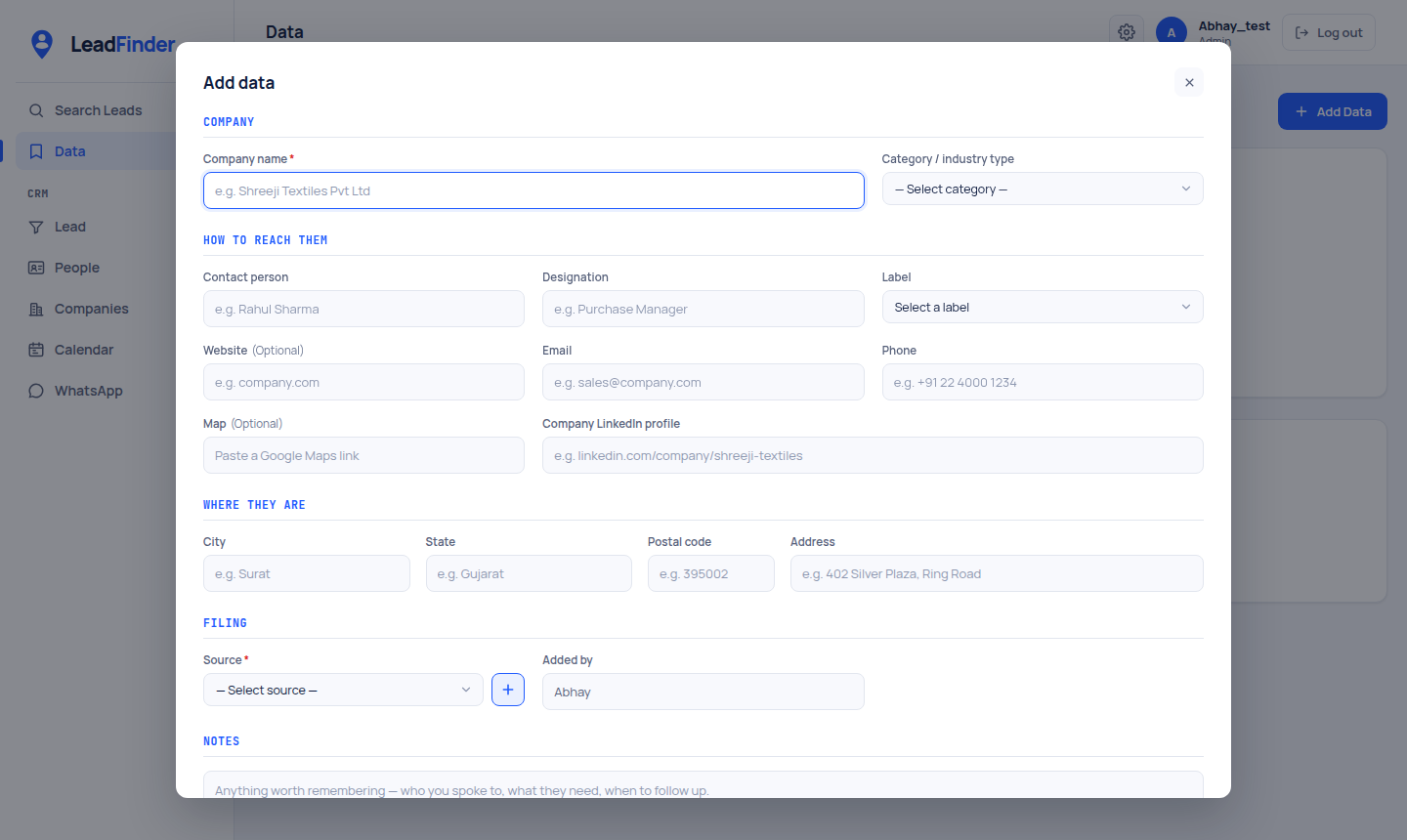 The Add data form