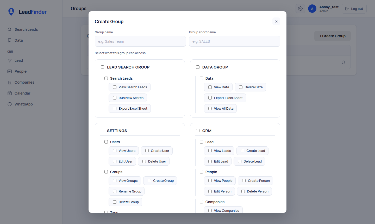 The Create Group form with permission checkboxes