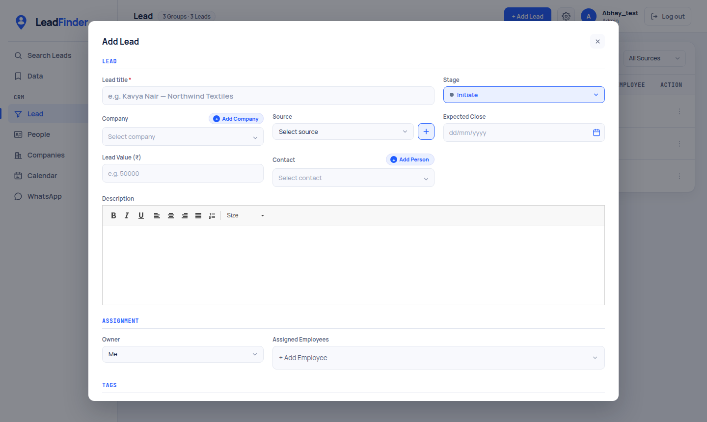 The Add Lead form