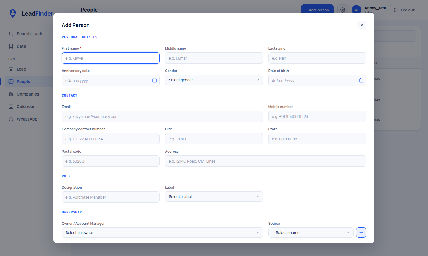 The Add Person form