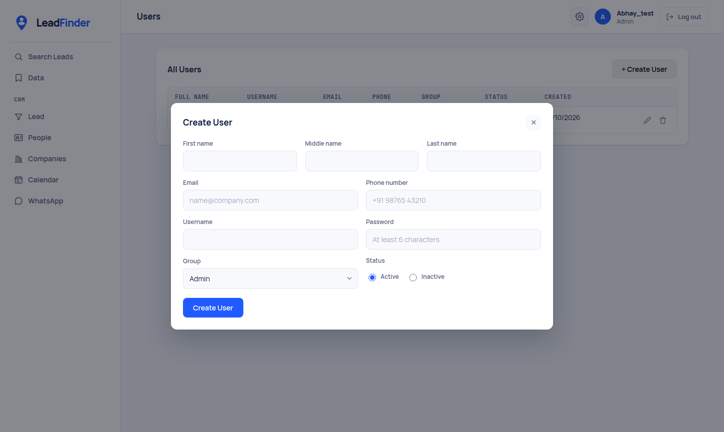 The Create User form
