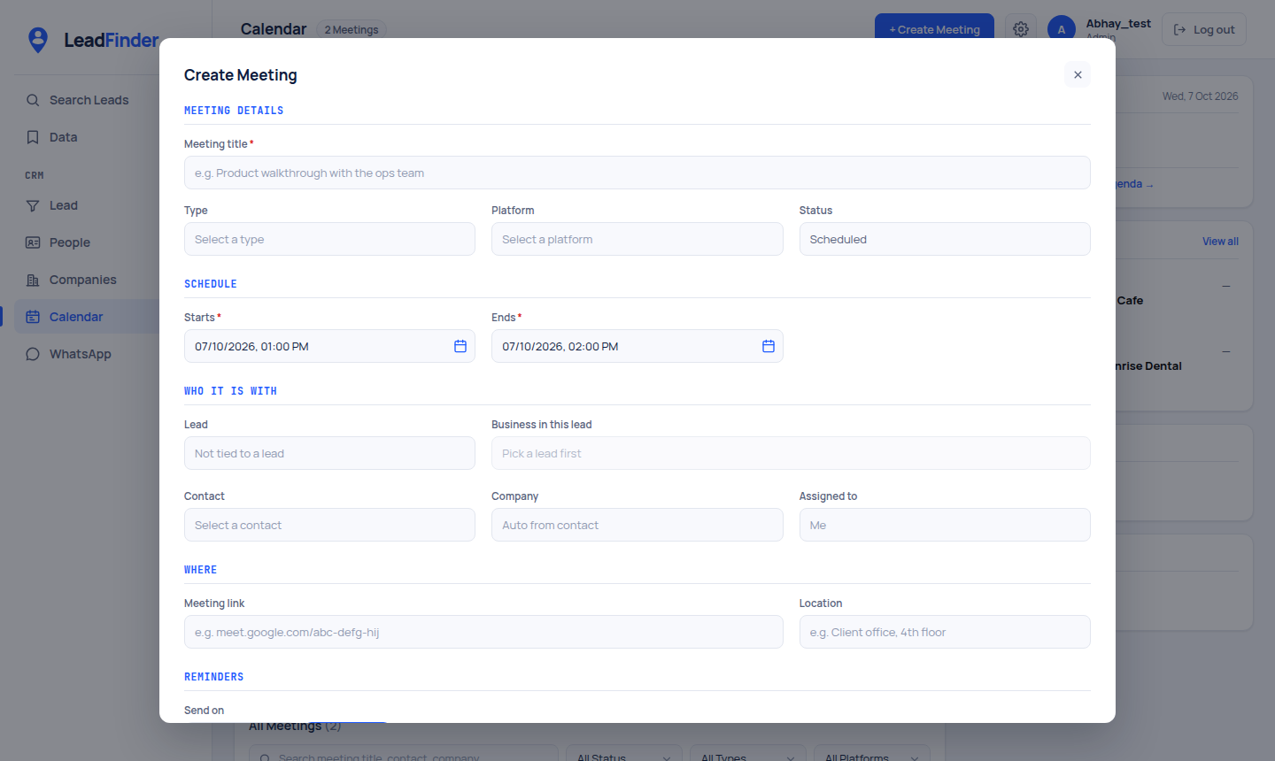 The Create Meeting form